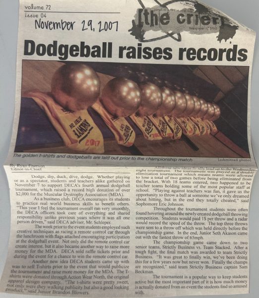 A 2007 article from The Crier Newspaper featured DECA Dodgeball on the front page.